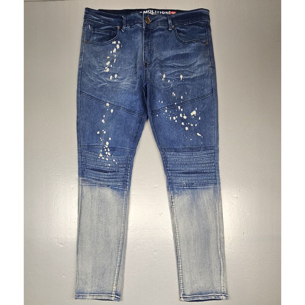 Demolition Jeans Mens 36x33. Y2k Splatter Hombre Straight Leg Stretch Denim.